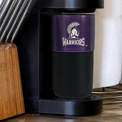 Miniatura 454 de Rico Industries NCAA Miami of Ohio Redhawks - Vaso de cerámica de 16 onzas con agarre de silicona, grabado láser profundo, diseño de color negro