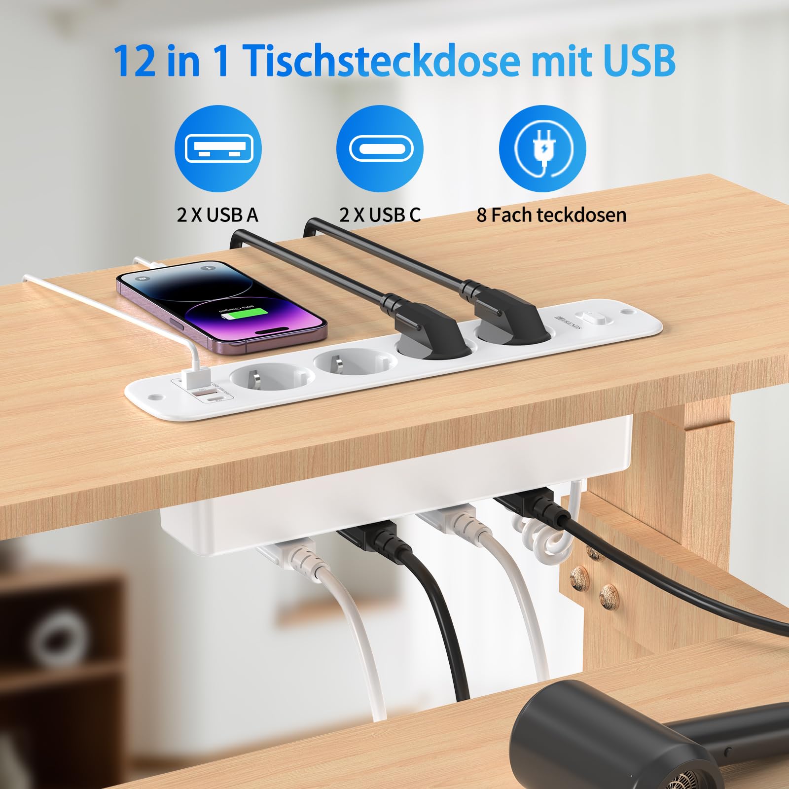 Blat wysuwane gniazdko z 2 USB A i 2 typy C, listwa zasilająca do zabudowy, listwa zasilająca 8 gniazd z kablem spiralnym 2 m, gniazdko stołowe z przełącznikiem do blatu stołu - białe