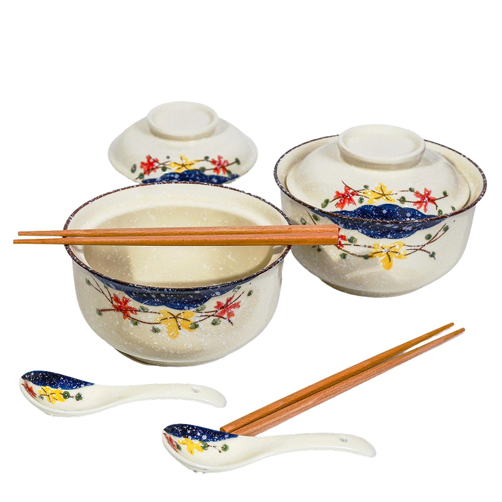 Ceraozmus Ceramic Ramen Bowl Set, 800ml with Lid, Spoon and Chopsticks, Japanese Vintage Large Soup Bowls Instant Noodle Bowl Asian Tableware (Farbe*2)