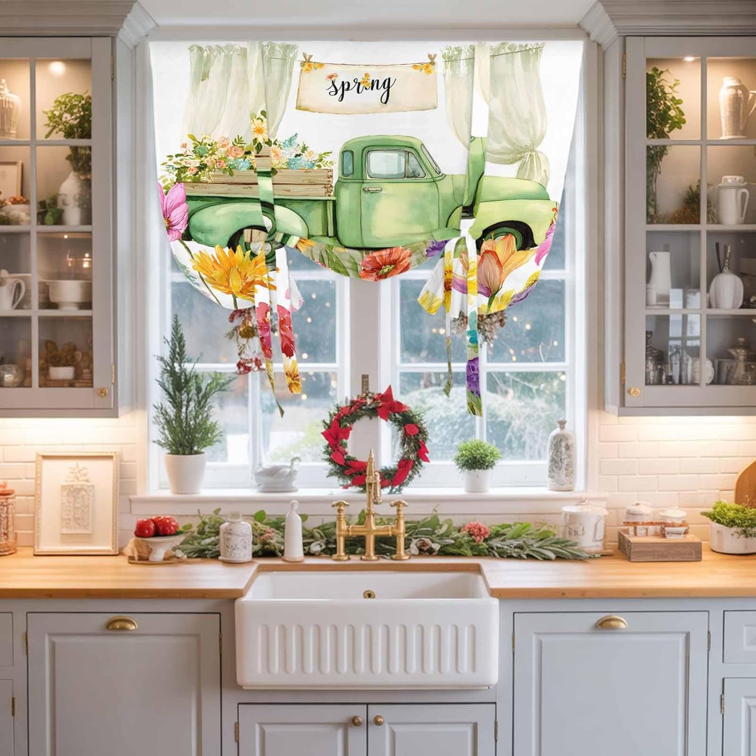 Spring Floral Tie Up Curtains for Windows 63 Inch Length Balloon Curtains Kitchen Adjustable Balloon Window Shade Green Country Truck Rustic Botanical Farmhosue Tie Up Bathroom Curtain Window 52"x63"