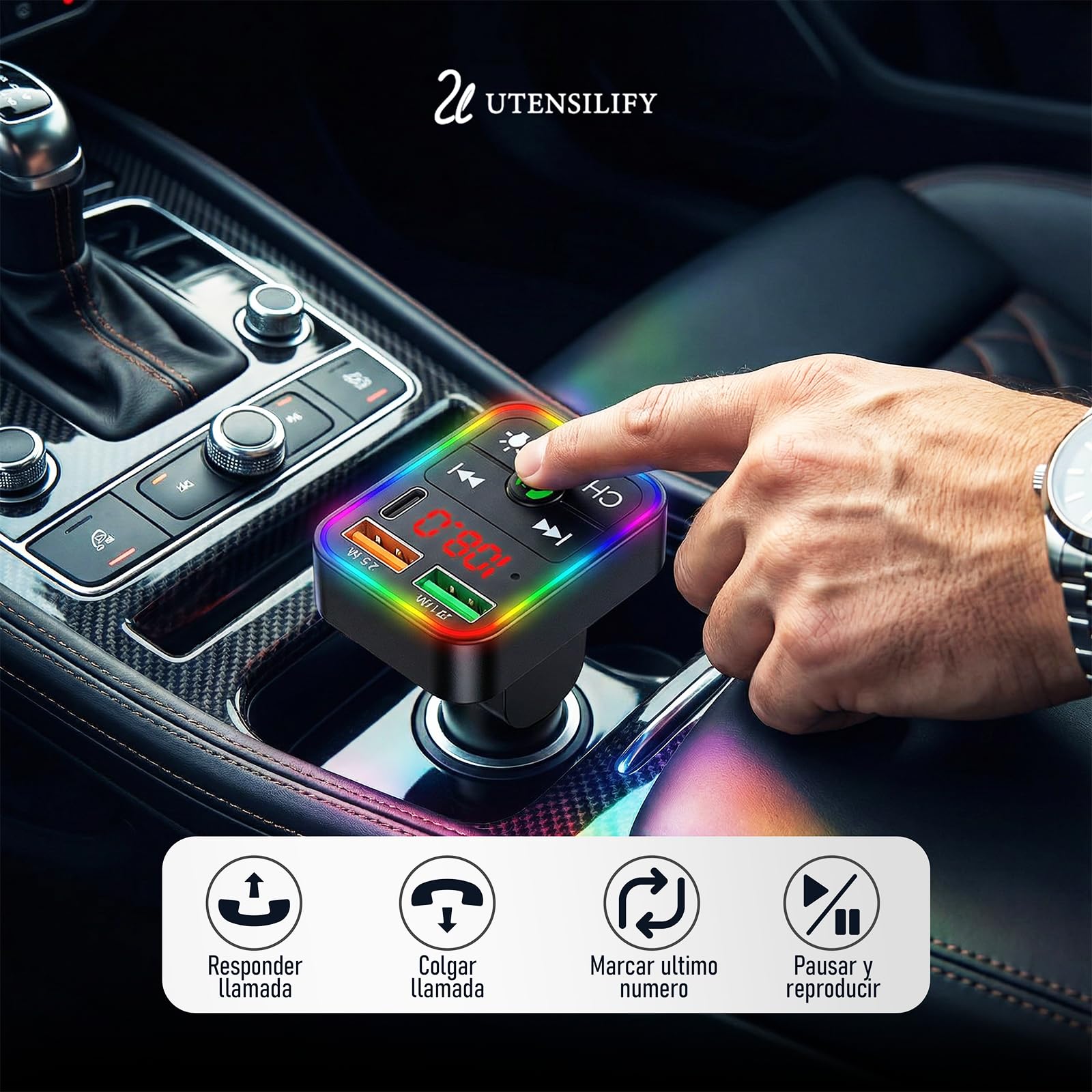 | UTENSILIFY® Transmisor FM Bluetooth Coche Premium | Bluetooth Coche + Cargador Ultra RÁPIDO | Manos Libres | Cargador Carga Rapida|Accesorios Auto | MP3 Reproductor | Bluetooth 5.3 - 3