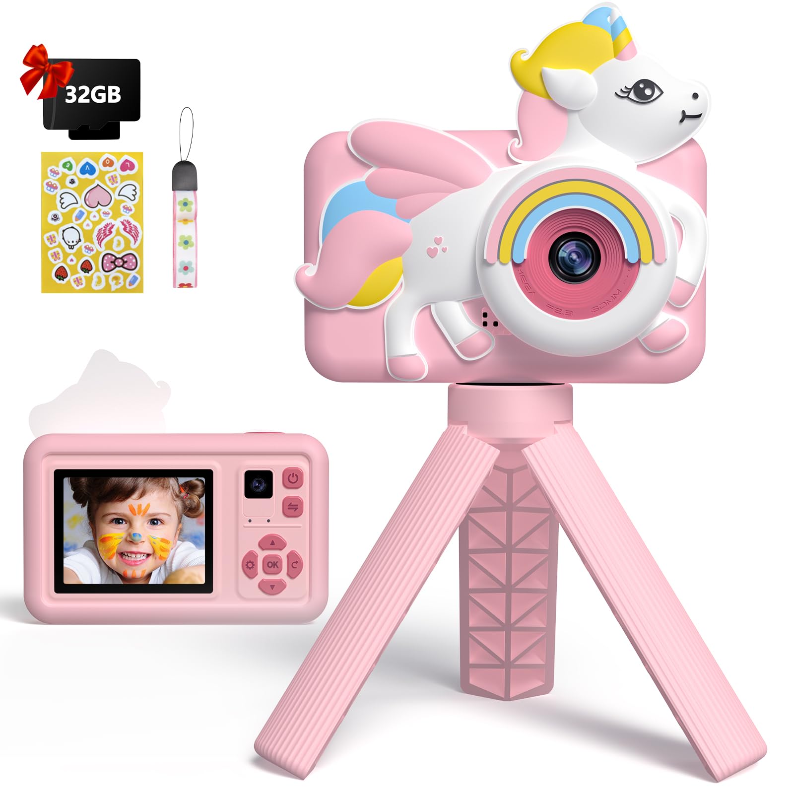 Aparat dla dzieci, jednorożec, 1080p, wyświetlacz 2,0", aparat cyfrowy ze statywem, karta 32 GB, aparat fotograficzny dla dzieci, prezent dla dziewczynek od 3 lat i zabawka urodzinowa, różowa
