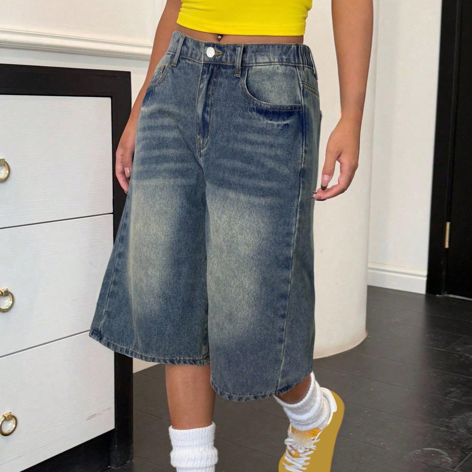 Short en jean baggy pour fille - Coupe ample - Coupe ample - Short en jean - Short de plein air - Short de loisirs