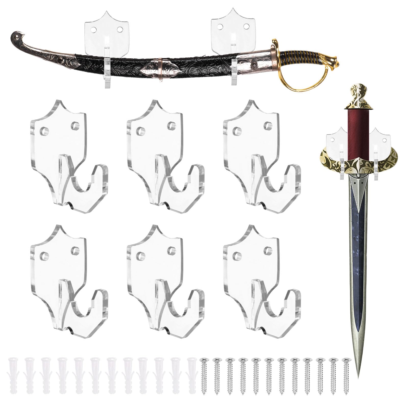 uxcell 6 Pcs Sword Holder Wall Mount Sword Racks Acrylic Wall Sword Display Hanger with Mounting Tools for Knife Martial Arts Sword Placement Display,Transparent (Shield)
