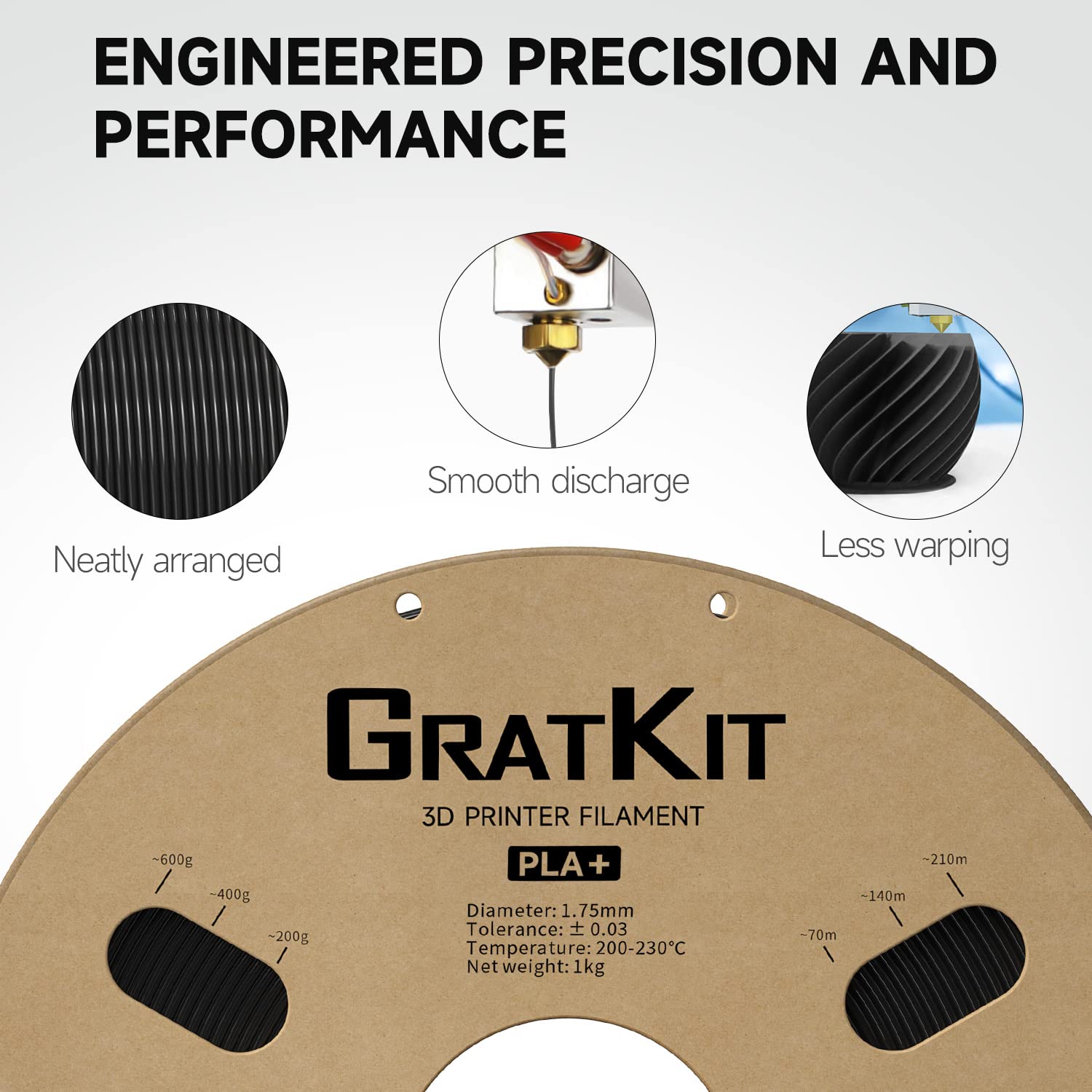 GratKit Filament PLA Plus 1,75 mm, filament do drukarki 3D, +/-0,03 mm, 1 kg, PLA+, czarny