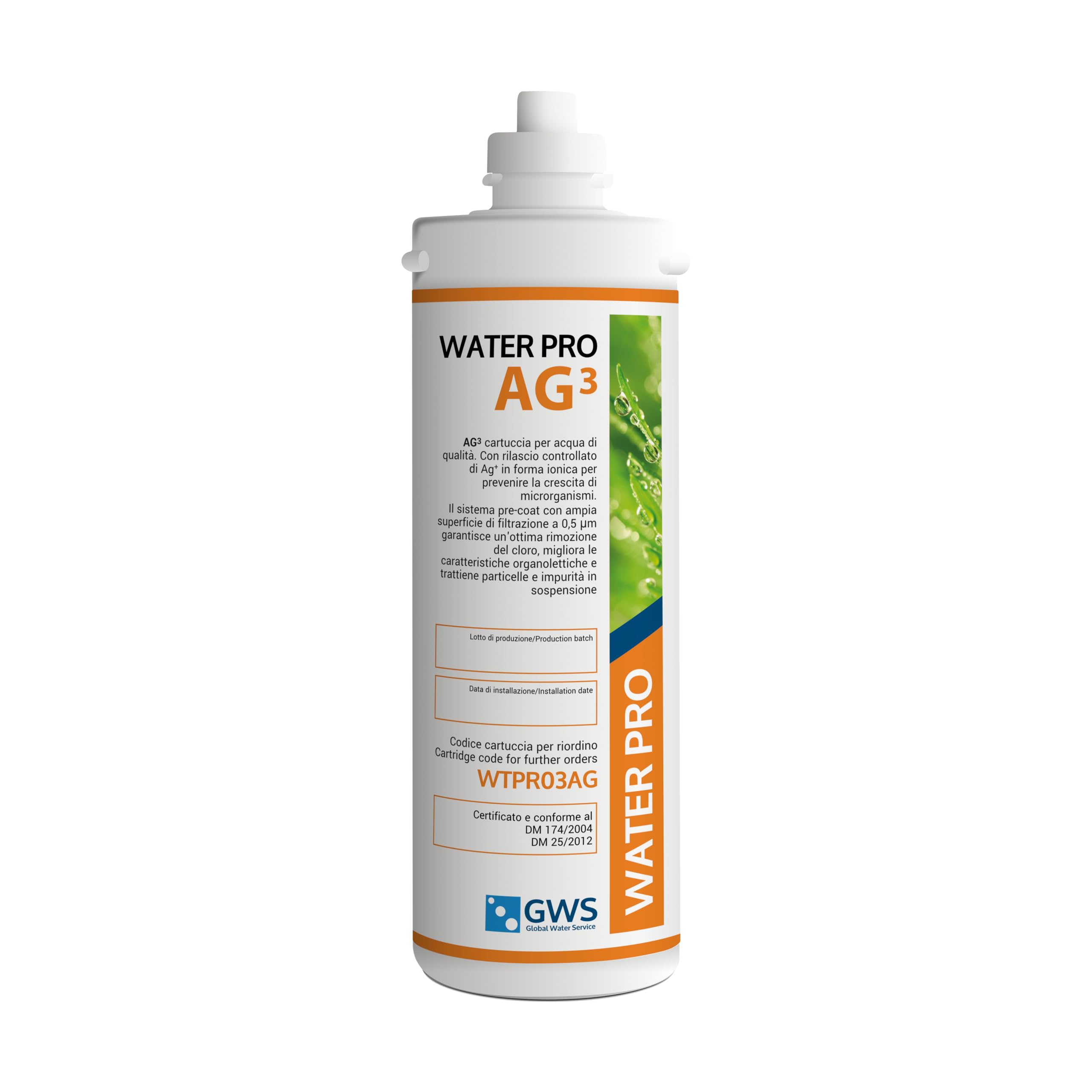 Filtro Water Pro AG03: carbon block argentizzato e membrana plissettata 0,5 µm. Capacità 5000 litri. Nessuna perdita di carbone, nessuna perdita di carico, grande portata, attacco a baionetta