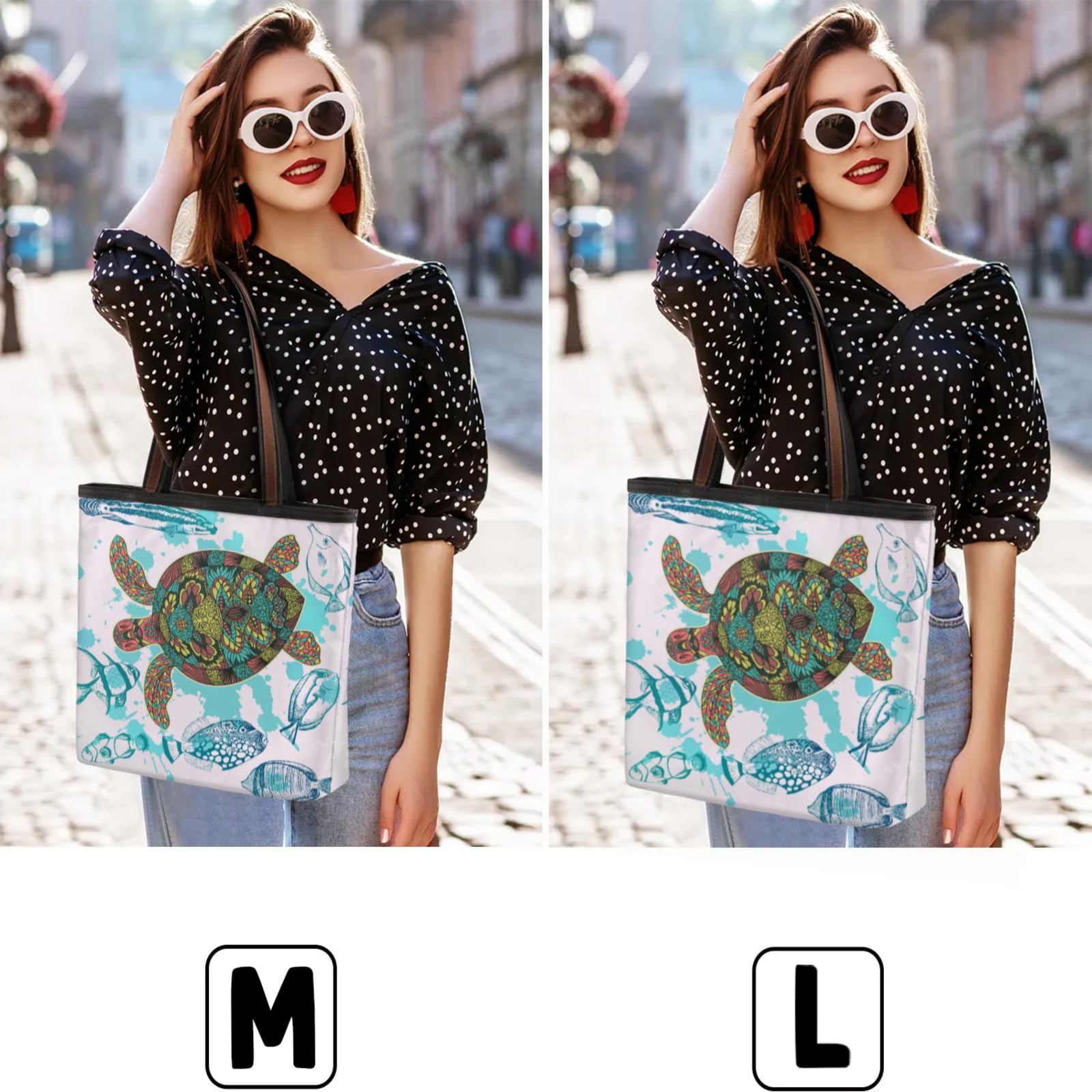 Hand Painted Floral Sea Turtle Fish Tote Bag Multi Pocket Zippered Beach Bag Lightweight Waterproof Handbag for Women Men Work Gym Travel Swimming Yoga Grocery Shopping M