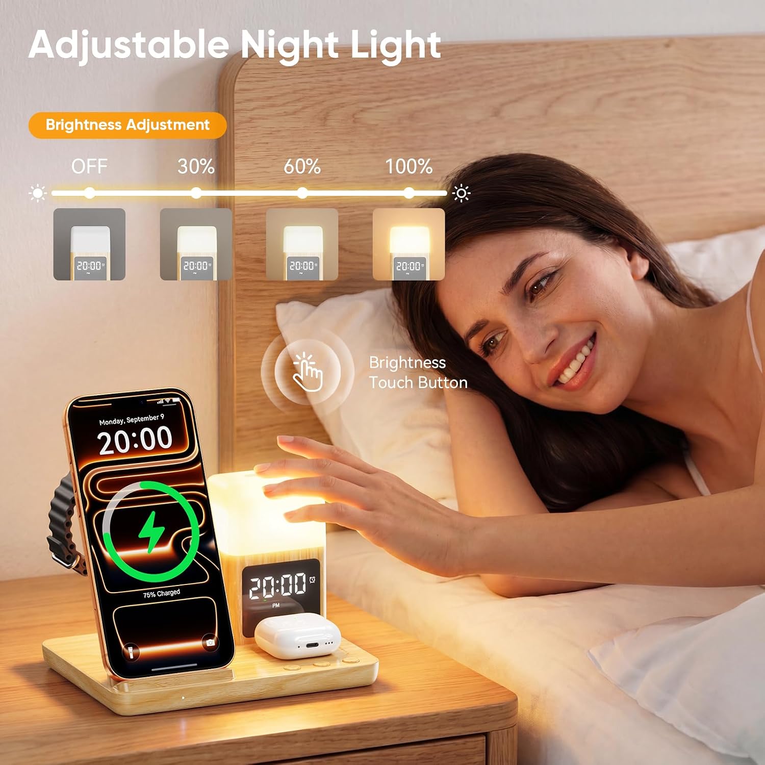 6 in 1 Wireless Charging Station with Clock & Night Light，Alarm Clocks for Bedrooms,Wireless Charger Stand with Beside Clock for iPhone 17/16/15/14/13/12 Pro Max, Apple Watch,Airpods (Wood) thumbnail