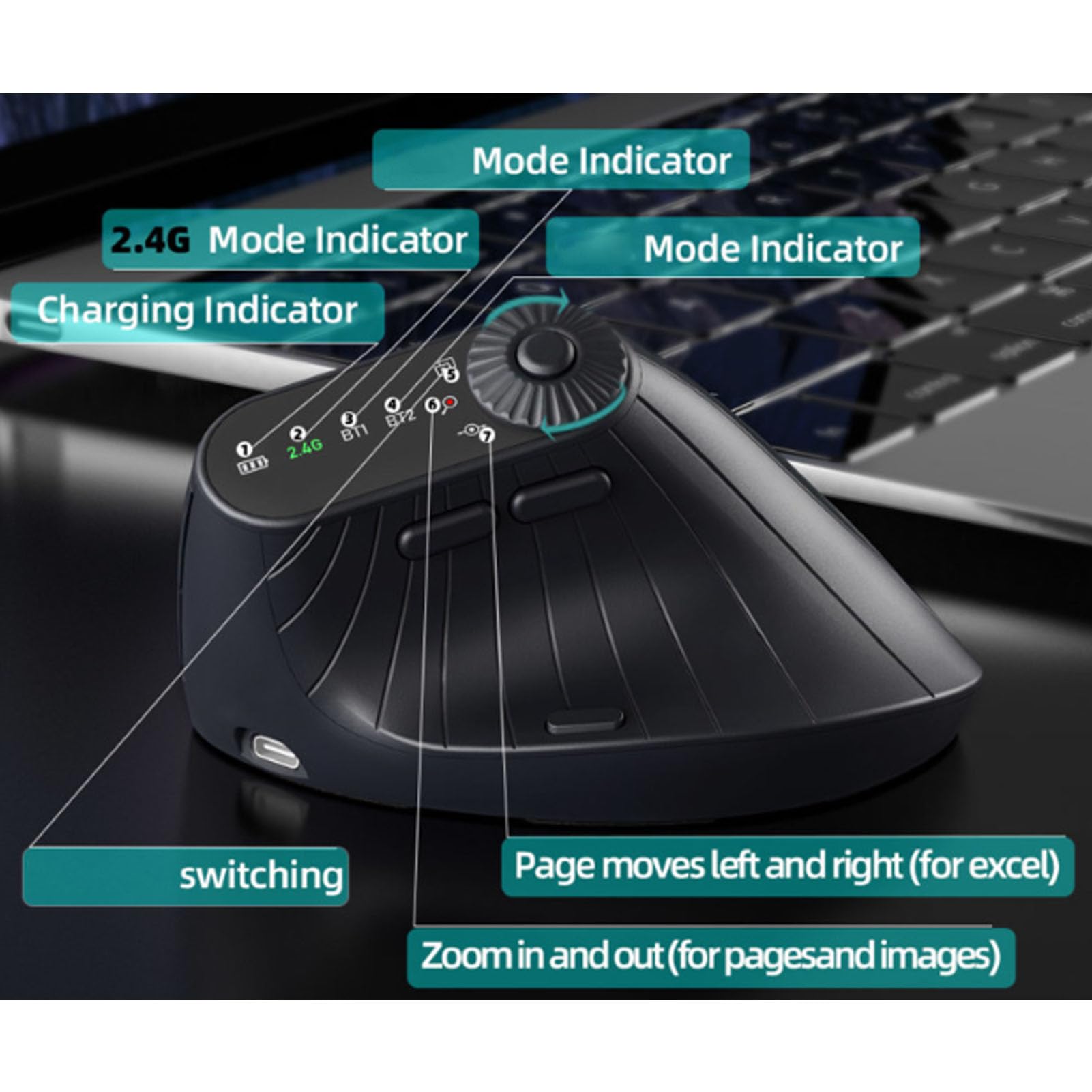 PUSOKEI Ergonomische Vertikale 2,4-G-Maus, Kabellose Wiederaufladbare Bluetooth-Maus mit Scrollrad und LED-Anzeige, 4 Einstellbare DPI, Leise Klicks für Laptop-Desktop-Computer