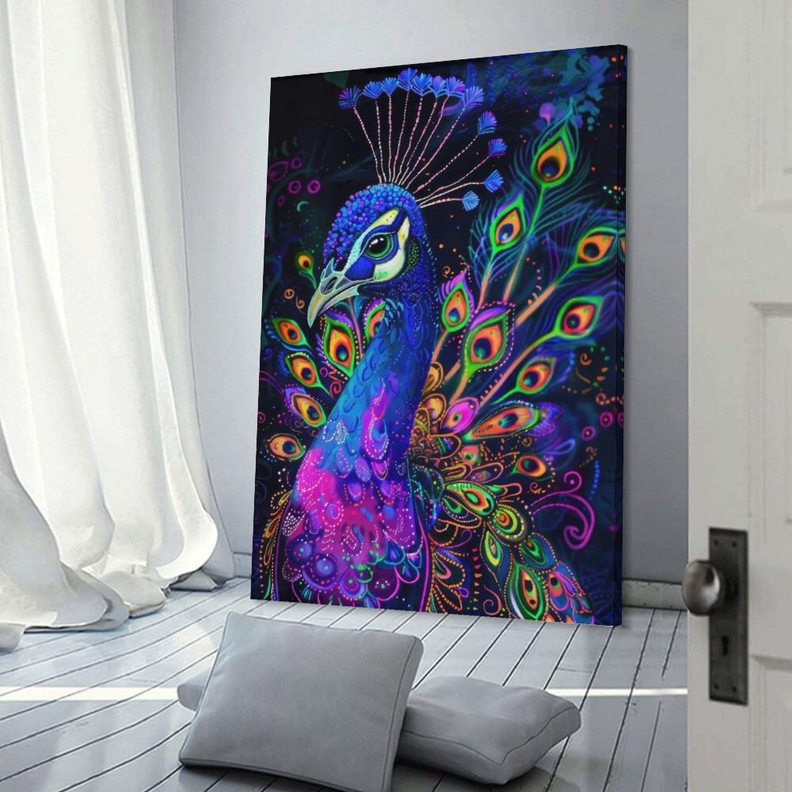 Junmoney Frame-Style-4-1 Neon Peacock Portrait Canvas Art Print 20X30inch(50X75cm), For Calm Bedrooms, Home Corners Or Flats, An Easy Wall Refresh For Bedrooms