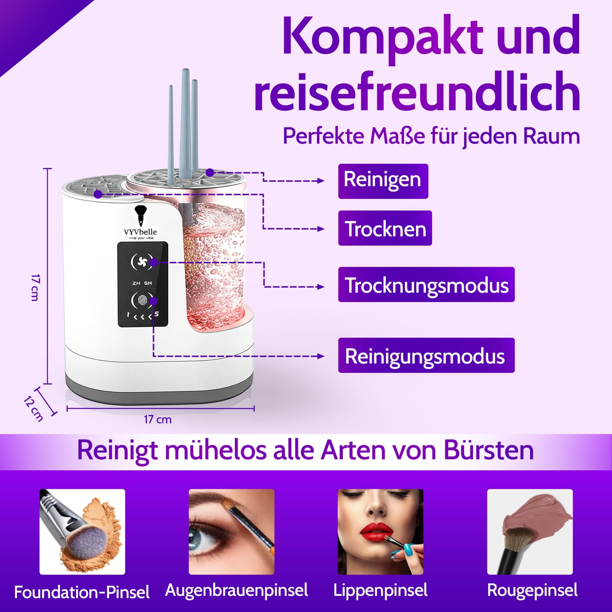 Make up - elektrischer Pinselreiniger Set mit 3 Pinseln und Make up Schwamm, inkl. 100 ml Brush Cleaner für Pinselpflege, Make up Pinsel reinigen und Beauty Tools
