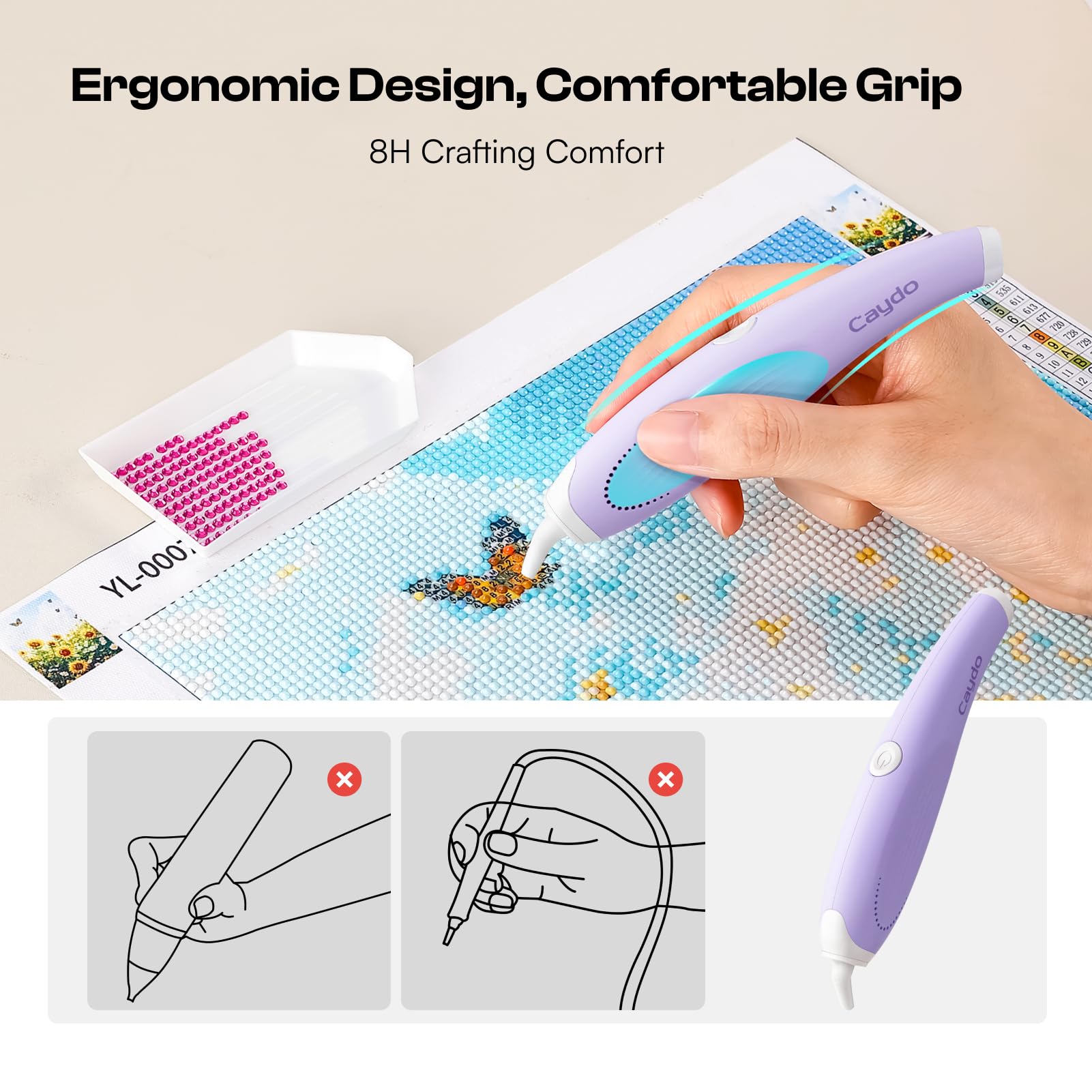 Caydo Senza Fili Penna Elettrica per Diamond Painting con Tecnologia Aspirante - Accessori Diamond Painting Brevettati, Design Ergonomico, No Cera (Viola)