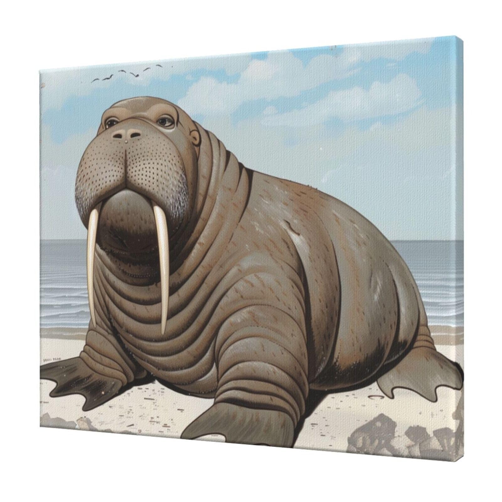 YKLJG Walrus Printed Wall Art Canvas Prints 60x50 CM Wooden Framed Picture Painting Artwork for Bedroom Kitchen Home Office Decor