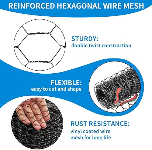 Miniatura 3 de DOLEMODUO Valla de malla de alambre de pollo negro de 36 x 150 pies, red galvanizada de calibre 20 y rollo de valla de malla de jardín de 1 pulgada,