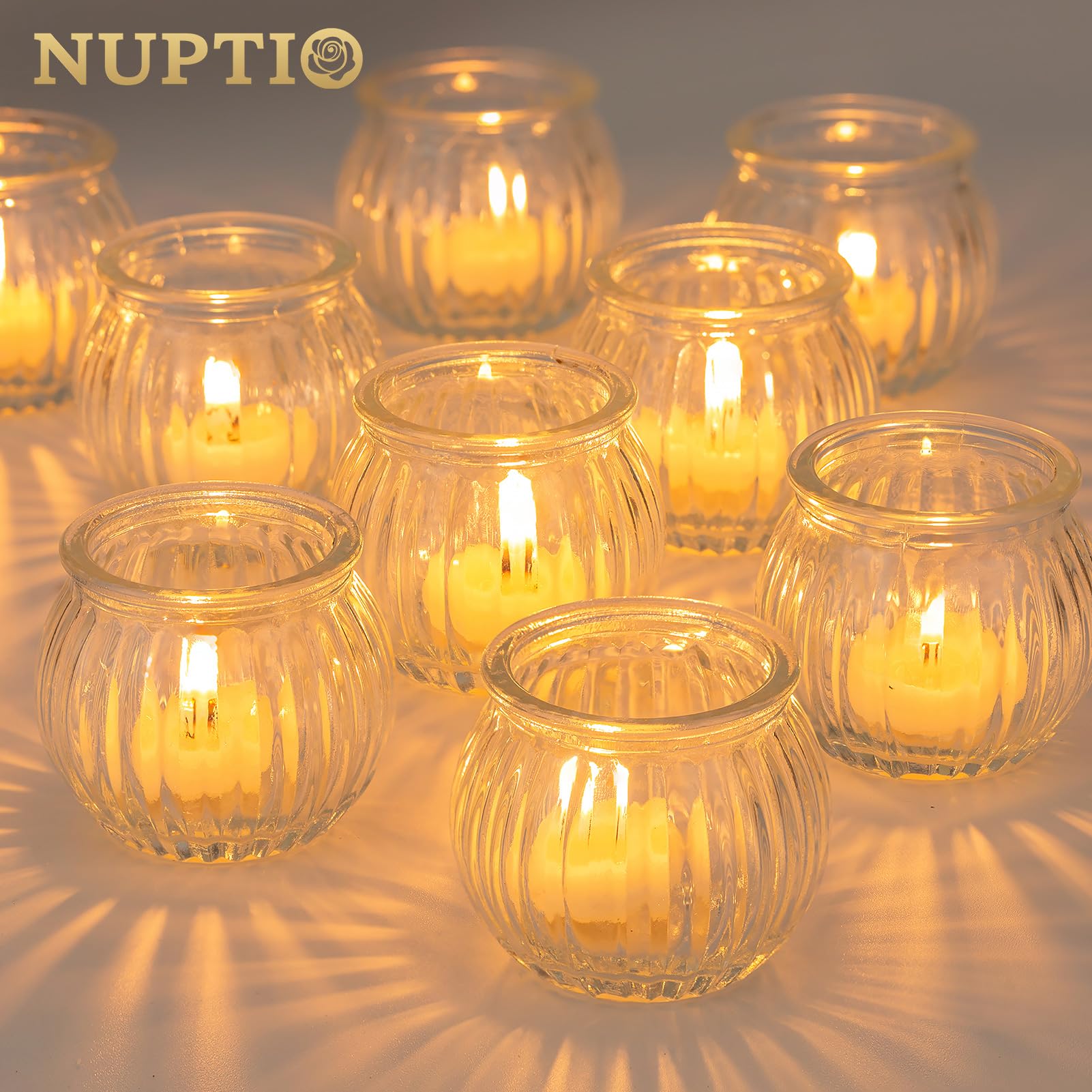 NUPTIO Portacandelitas de Vidrio: 24 Piezas Calabaza Claro Navidad Tea Light Titulares Pequeño Cristal Acanalado Vela de Té Boda Centro de Mesa Adornos de Navidad