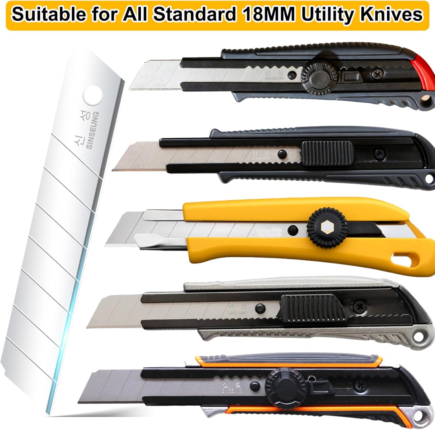 100pcs 18mm Snap-off Utility Knife Blades, Standard 0.5mm Thickness Replacement Refills for Box Opening, Carpet Cutting, Edging and Vinyl Flooring Trimming(L203)