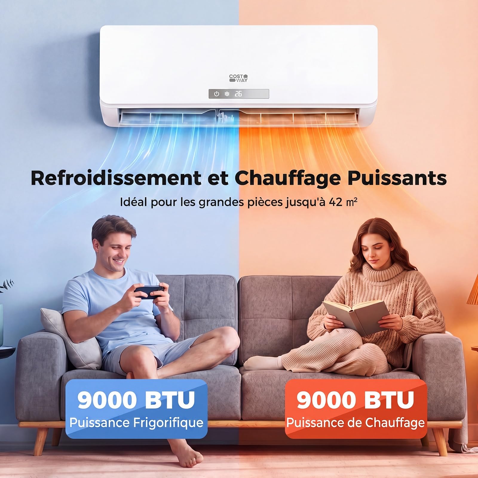 COSTWAY Climatiseur Reversible 9000 BTU 2,6 KW, Climatiseur Split R32 avec Chauffage, Refroidissement, Déshumidification Rapide, Clim Inverter Silencieux 19 dB, Wifi, Auto-Nettoyage, Classe A++