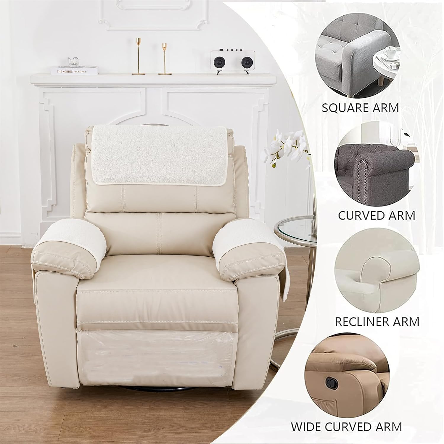 Sofa Armrest Cover, Fleece Headrest Cover Nonslip Armchair Slipcover with Pockets Furniture Protector for Pets Leather Sofa Couch (Ivory,2 Seat 4PCS)