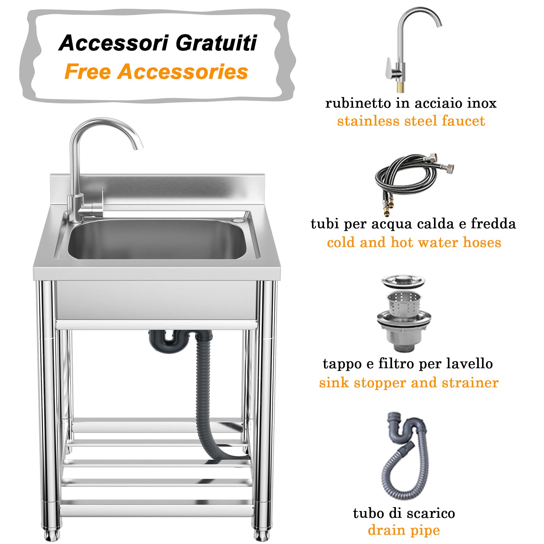 Lavello in Acciaio Inox Autoportante 1 Vasca, 55 × 50 × 94 cm Lavandino Commerciale con Rubinetto, Lavello da Cucina Professionale per Cucina, Ristorante, Bar, Caffè, Garage, Interno e Esterno
