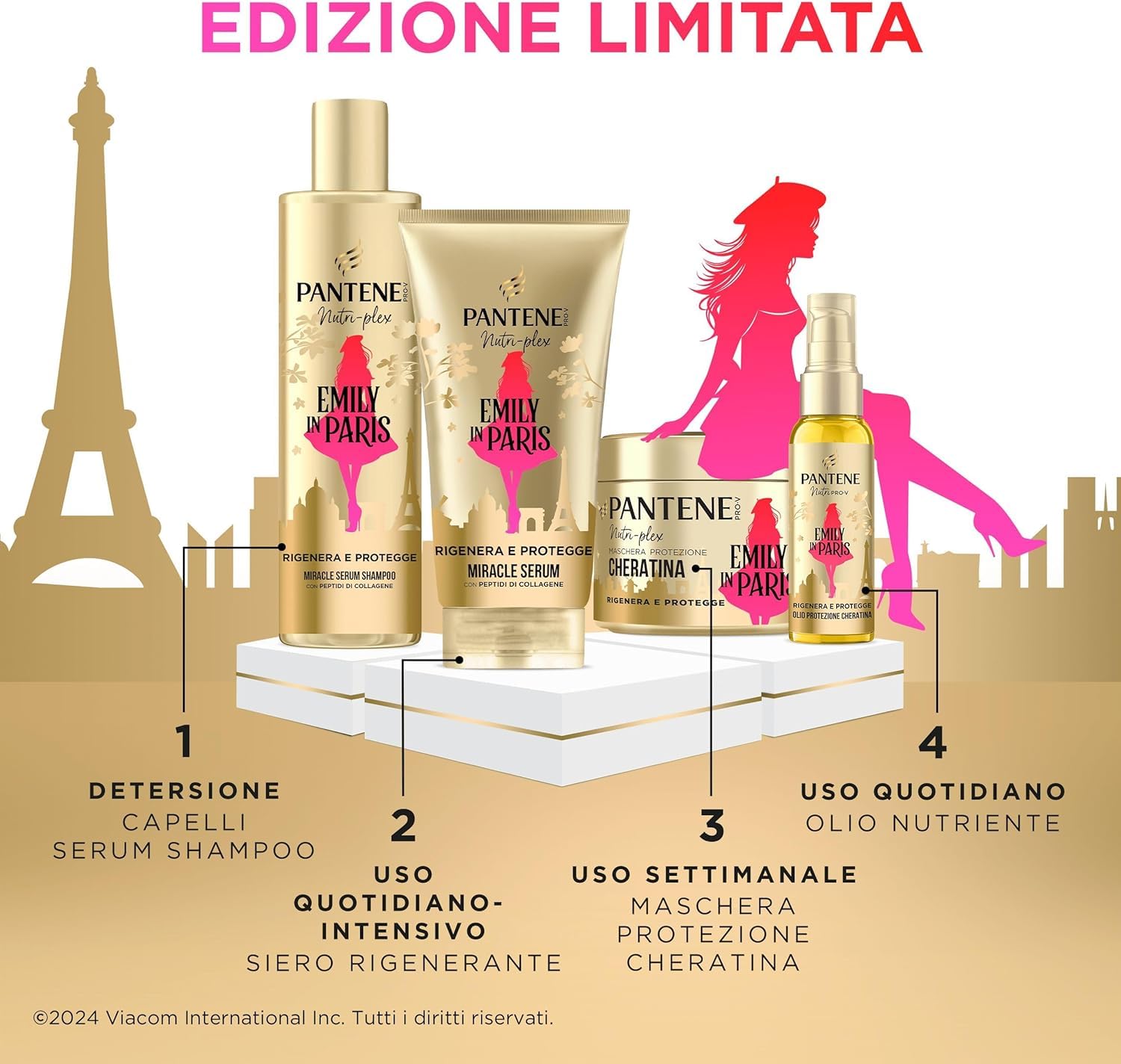 Pantene X Emily in Paris Champú, acondicionador, máscara y aceite