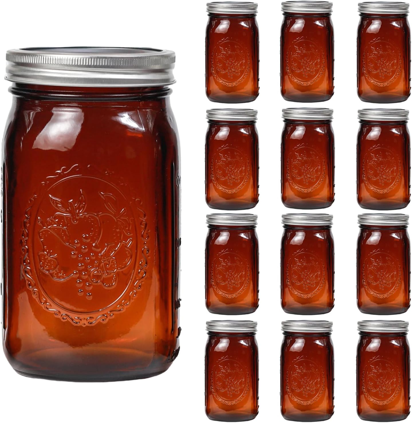 Amber Glass Mason Jars, 32oz Wide Mouth Jars 12 Pcs, Air Tight, Leak Resistant, Large Canning Jars, Quart Mason Jars for Canning, Storing Food, Spices, Meal Prep and Overnight Oats