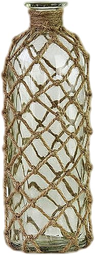 Florero de cristal rústico con red de cuerda para decoración del hogar, color verde, 8.0 x 2.7 in