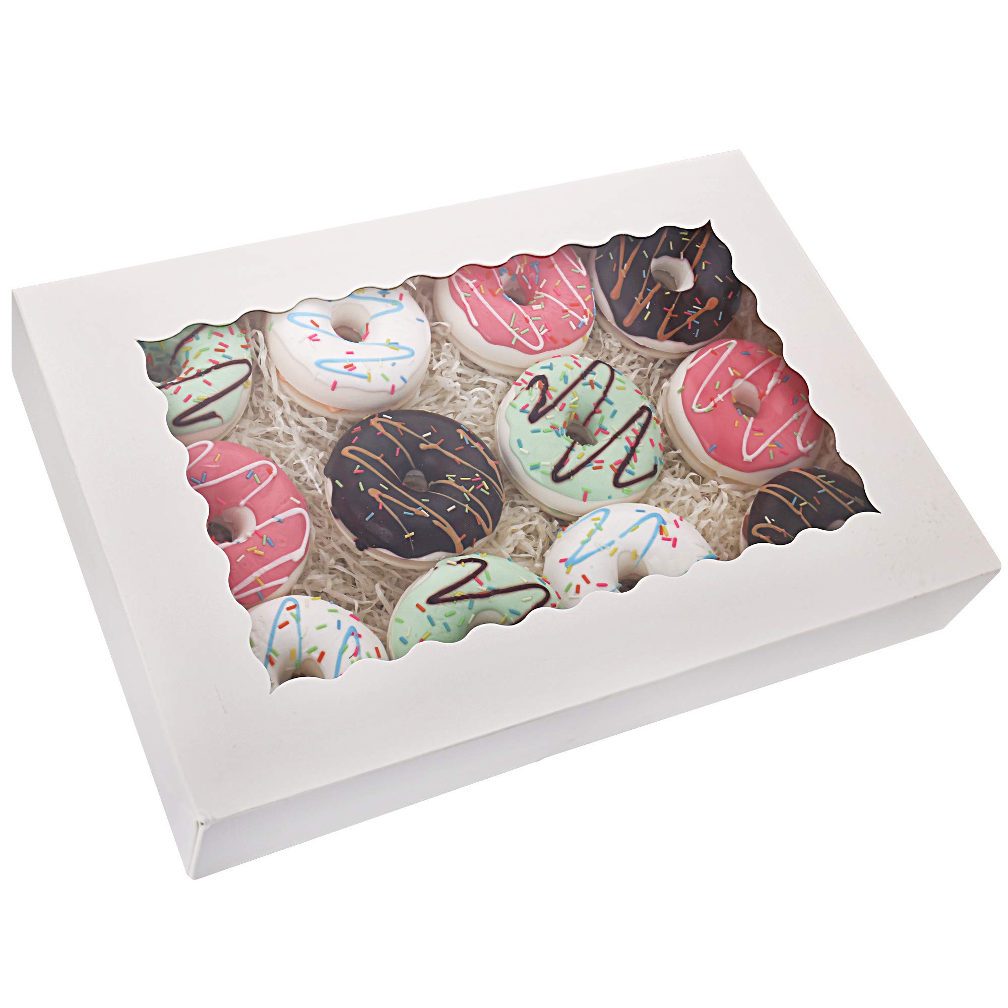 Tcoivs 20-Pack 16" x 11" x 2.5" Bakery Boxes with Window Hold 12 Donuts, Auto-Popup Large Cookie Boxes for Cakes, Pastries and Chocolate Covered Strawberries (White)