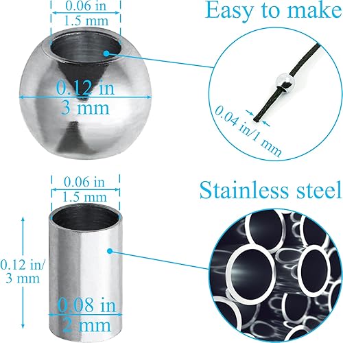Miniatura 5 de 200 cuentas espaciadoras redondas y 200 cuentas de tubo largo de 0.118 in de acero inoxidable 304, cuentas sueltas de acero inoxidable 304, cuentas