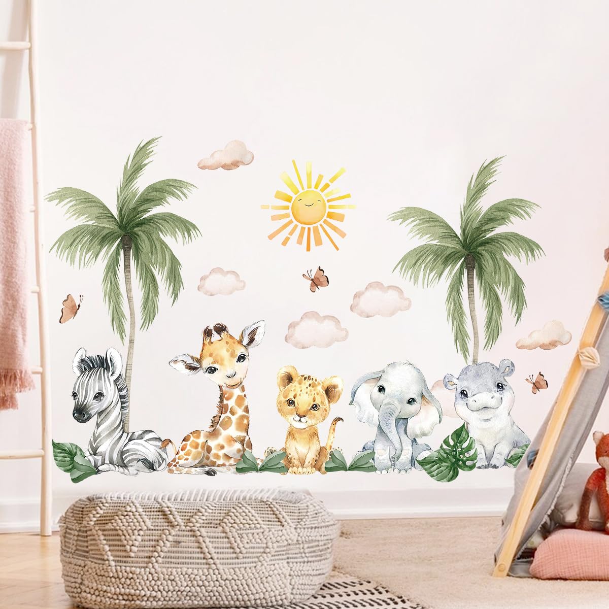 SHUCHING Watercolor Jungle Animal Wall Stickers Peel and Stick, Elephant Giraffe Zebra Wall Decals