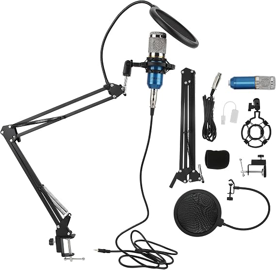 BM800 Condenser Microphone Kit, USB Professional Recording Microphone with Flexible Arm, Studio Quality Sound for PC Desktop Notebook Computer, Includes Shock Mount and Pop Filter (blue+silver)