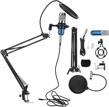 BM800 Condenser Microphone Kit, USB Professional Recording Microphone with Flexible Arm, Studio Quality Sound for PC Desktop Notebook Computer, Includes Shock Mount and Pop Filter blue+silver