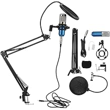BM800 Condenser Microphone Kit, USB Professional Recording Microphone with Flexible Arm, Studio Quality Sound for PC Desktop Notebook Computer, Includes Shock Mount and Pop Filter blue+silver