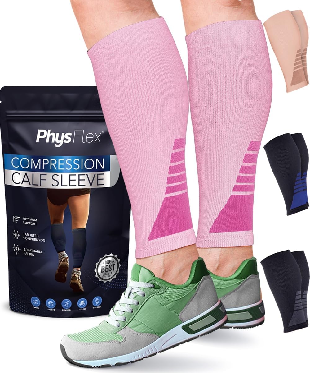 Calf Compression Sleeves for Men and Women - Footless Compression Socks Support for Varicose Vein, Nursing, Pregnancy, Running - PhysFlex Leg Sleeve Brace for Shin Splints, Pain Relief (Pink, Medium)