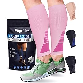 Calf Compression Sleeves for Men and Women - Footless Compression Socks Support for Varicose Vein, Nursing, Pregnancy, Running - PhysFlex Leg Sleeve Brace for Shin Splints, Pain Relief (Pink, X-Large)