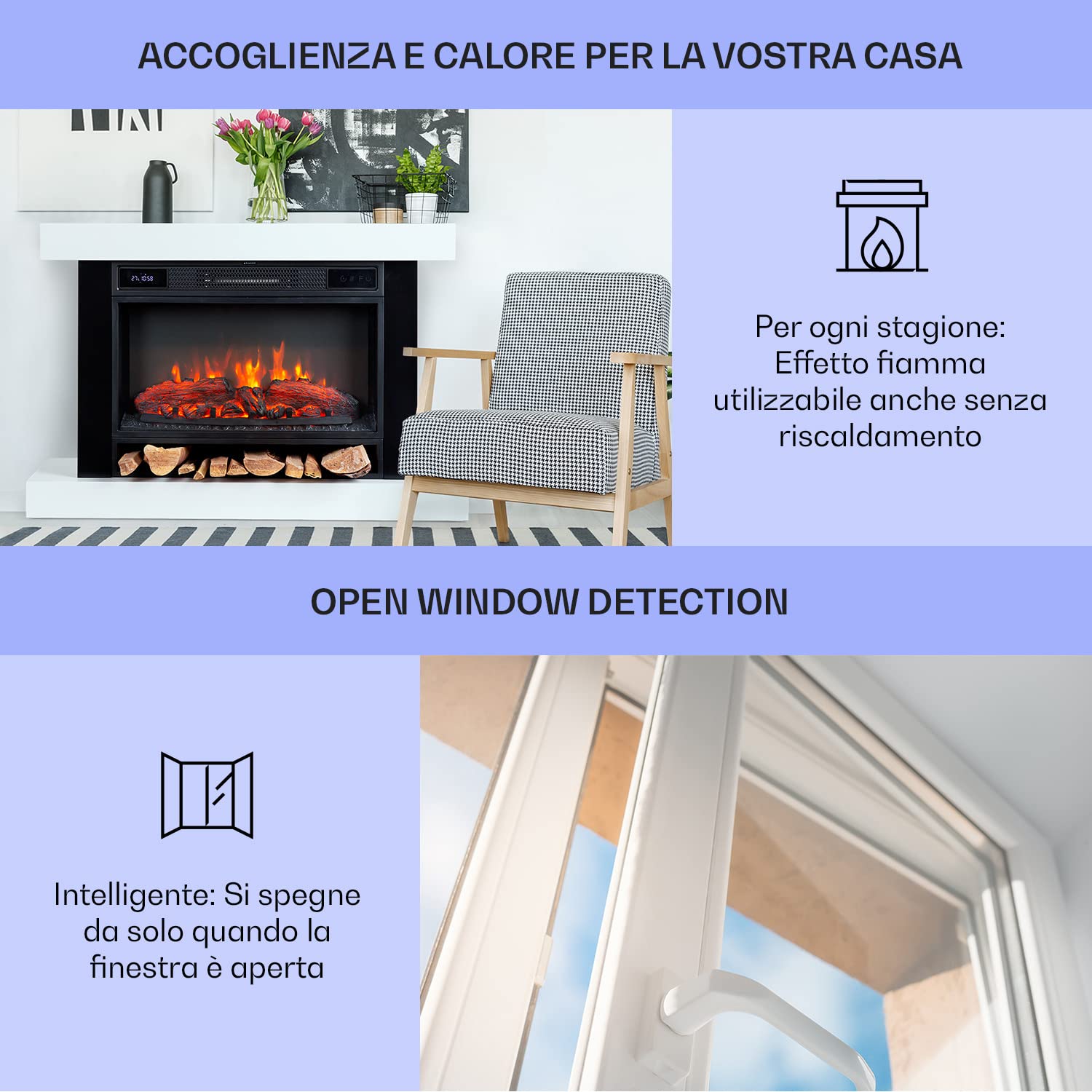 Klarstein Camino Elettrico Basso Consumo, con Mensola, da Parete, Caminetto Finto da Terra, 1900W, Decorativo con LED, Telecomando, Timer, Controllo Temperatura