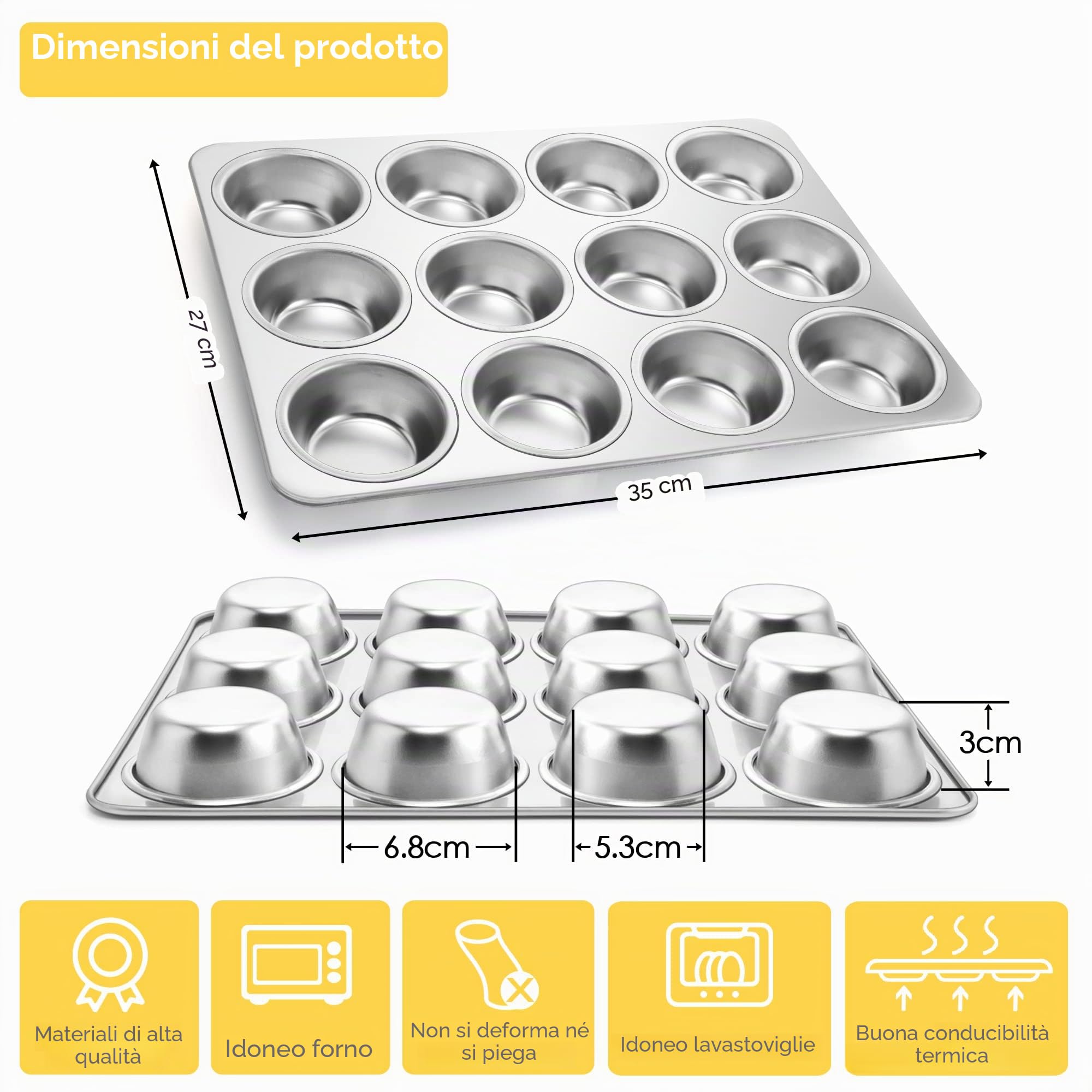 Joyfair Stampo per muffin, in acciaio inox, per 12 muffin, utilizzabile in forno e lavastoviglie