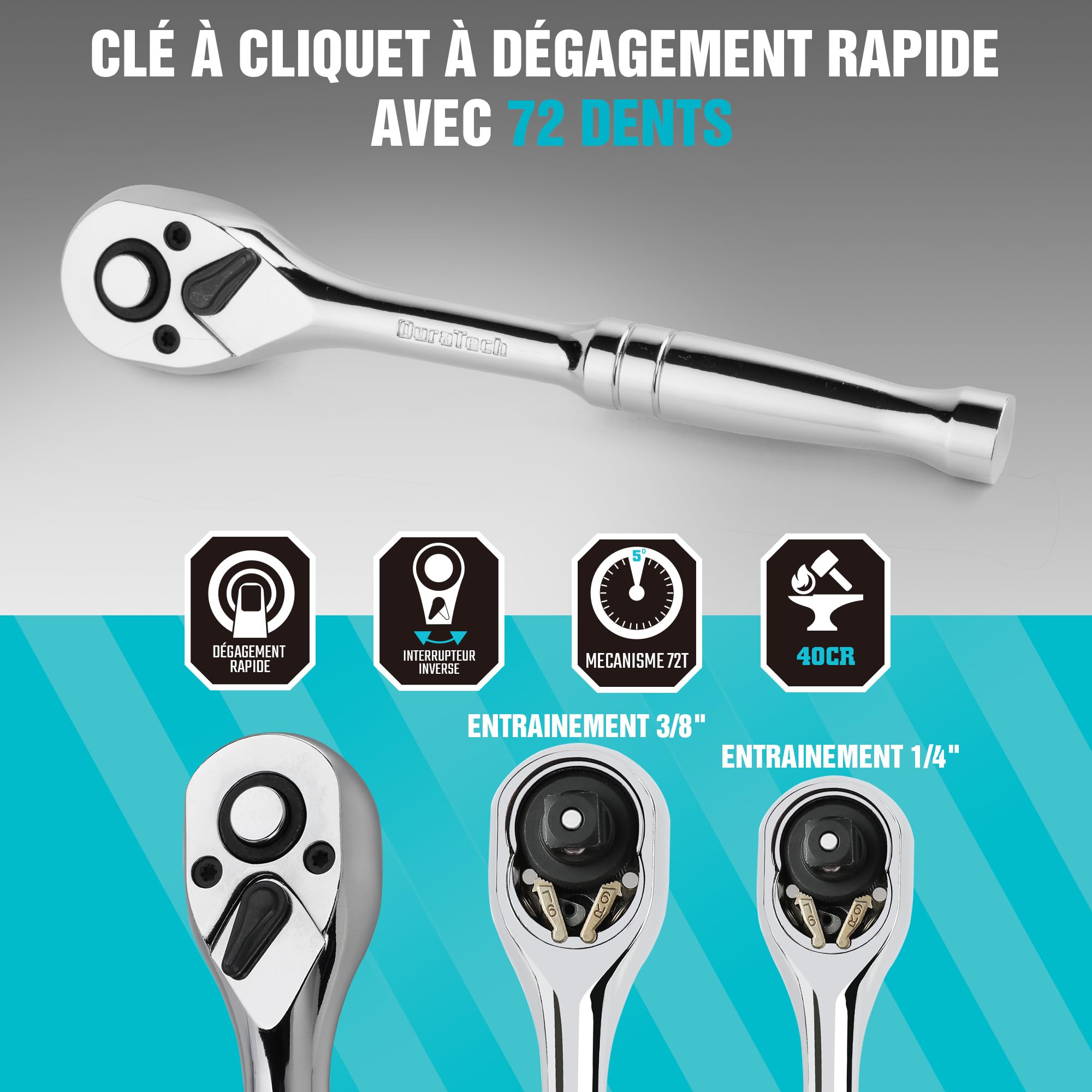 DURATECH Coffret de Douilles Clés à Cliquet et Embouts Professionnels 121 Pièces, 1/4" et 3/8" Douilles Cr-V Métriques et Impériales, Dégagement Rapide, Tournevis Magnétique 40 en 1, Clés Hexagonales