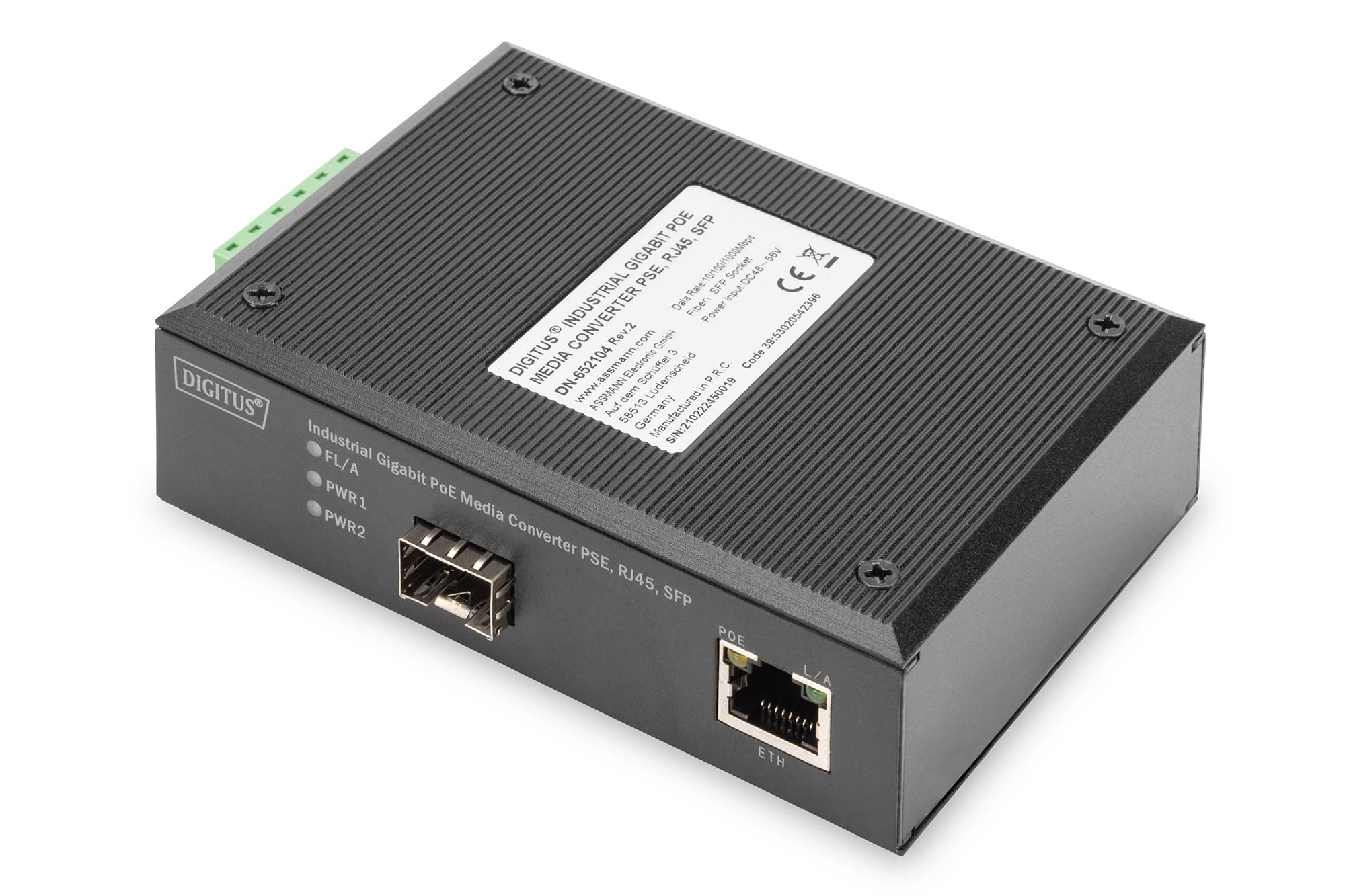 DIGITUS DIN-Rail Medienkonverter - SFP Port - Gbit Ethernet - RJ45 / SFP 1000Base-X - Mit PoE-Injektor - Schwarz