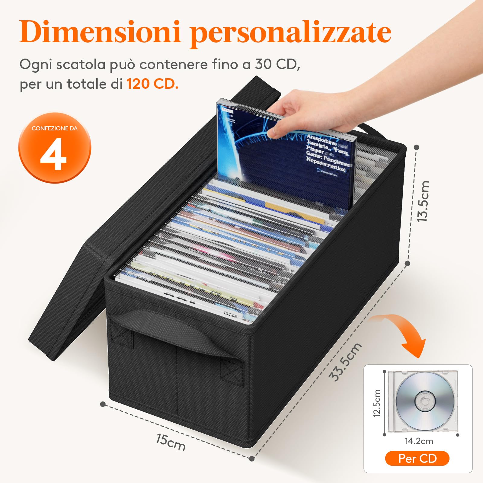 Lifewit Confezione da 4 Porta CD, Contenitori Impilabili con Coperchio Pieghevole per 120 CD (30 ciascuno), per Casa e Auto, Nero