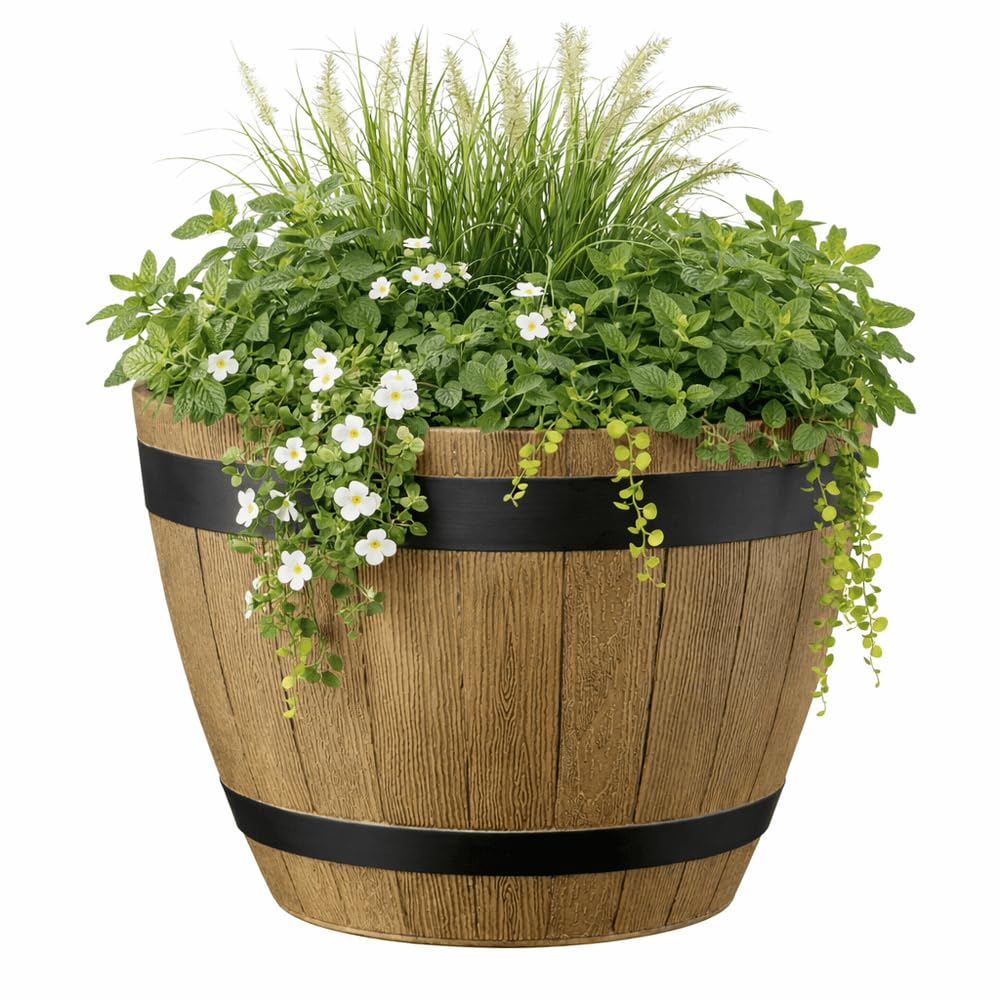 Gardening Naturally Wooden Barrel Effect Planter - Recycled Plastic, UV & Frost Resistant, 26.5cm x 37cm By Flowersea (Deep Yellow)