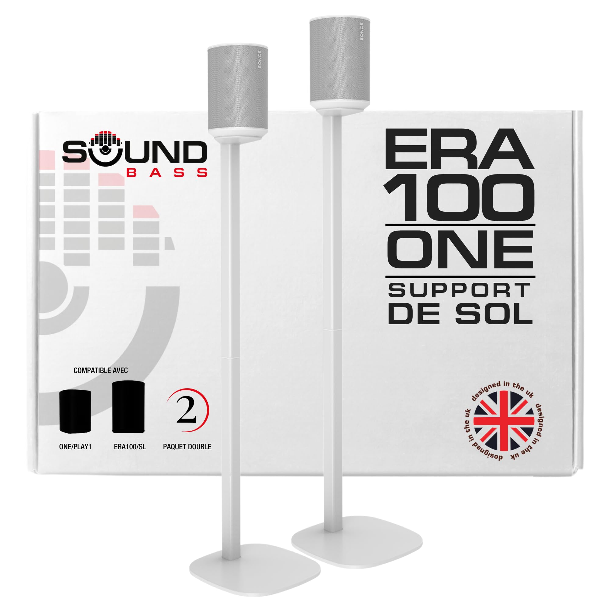 Sound Bass Era 100 Pied de Sol, Double (2 Pièces), Compatible avec Sonos ERA100 & Era 100 SL, Sonos One & Play:1 Enceintes, Accessoires Inclus. Conçu au Royaume-Uni, Double, Paire (Blanc)
