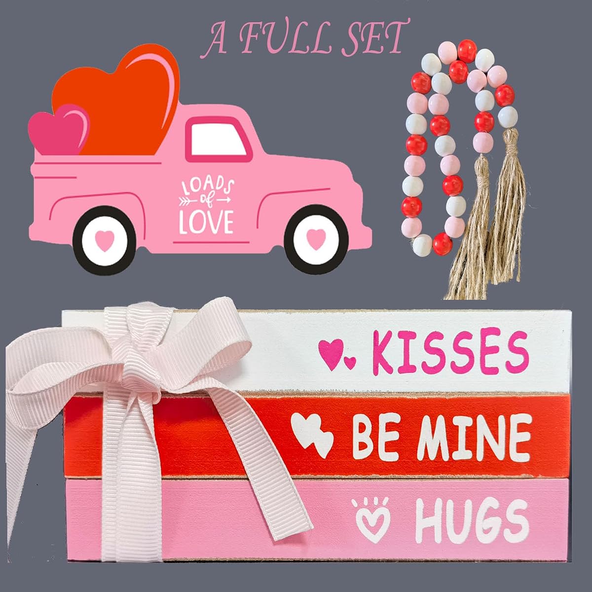 Valentine's Day Tiered Tray Decor Valentine Wooden Books Bundle Valentine Truck & Bead String Sign Love Table Block Rustic Valentine's Day Accessories for Home Bookshelf (valentina's Day)