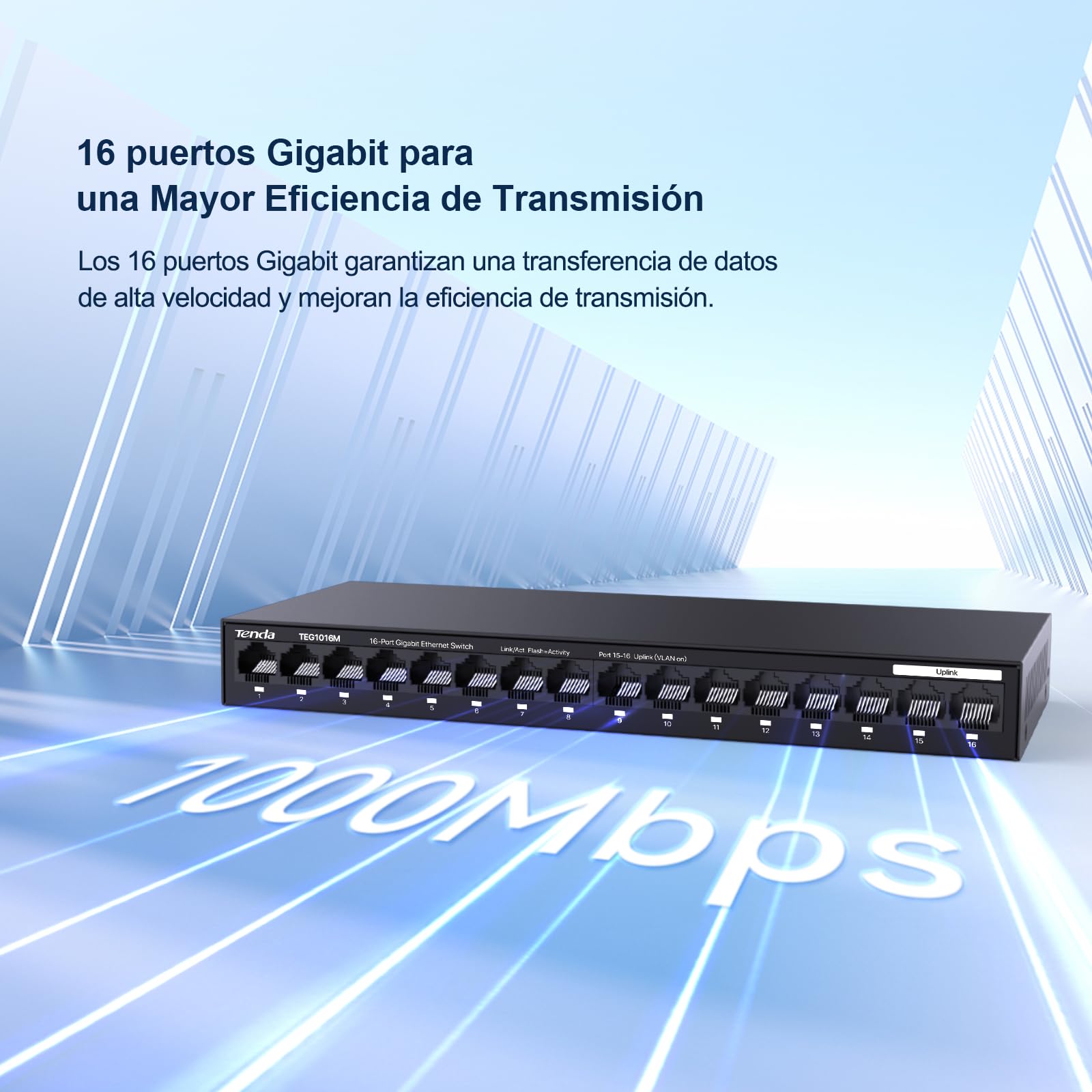 Tenda TEG1016M Switch Ethernet Gigabit, 16 Puerto 10/100/1000Mbps, Una Clave Vlan,Protección contra Rayos, Escritorio o de Montaje en Pared, Plug & Play, No Requiere Configuración, Silencio, Metal