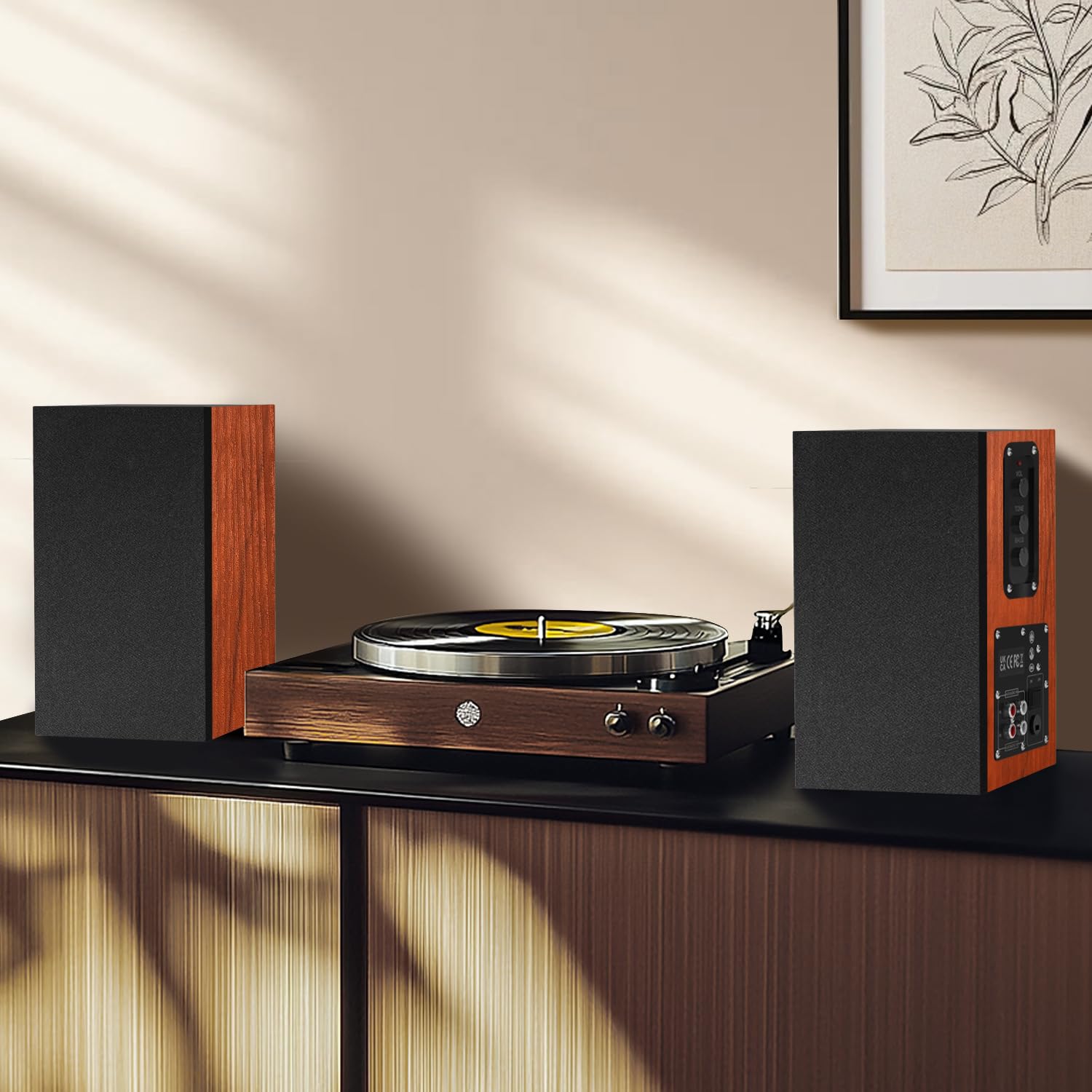 Elimavi Altoparlante attivo per scaffale, altoparlante per computer con woofer da 4", 3,5 mm a RCA Aux, per giradischi, struttura in legno, può essere montato a parete, Woodgrain