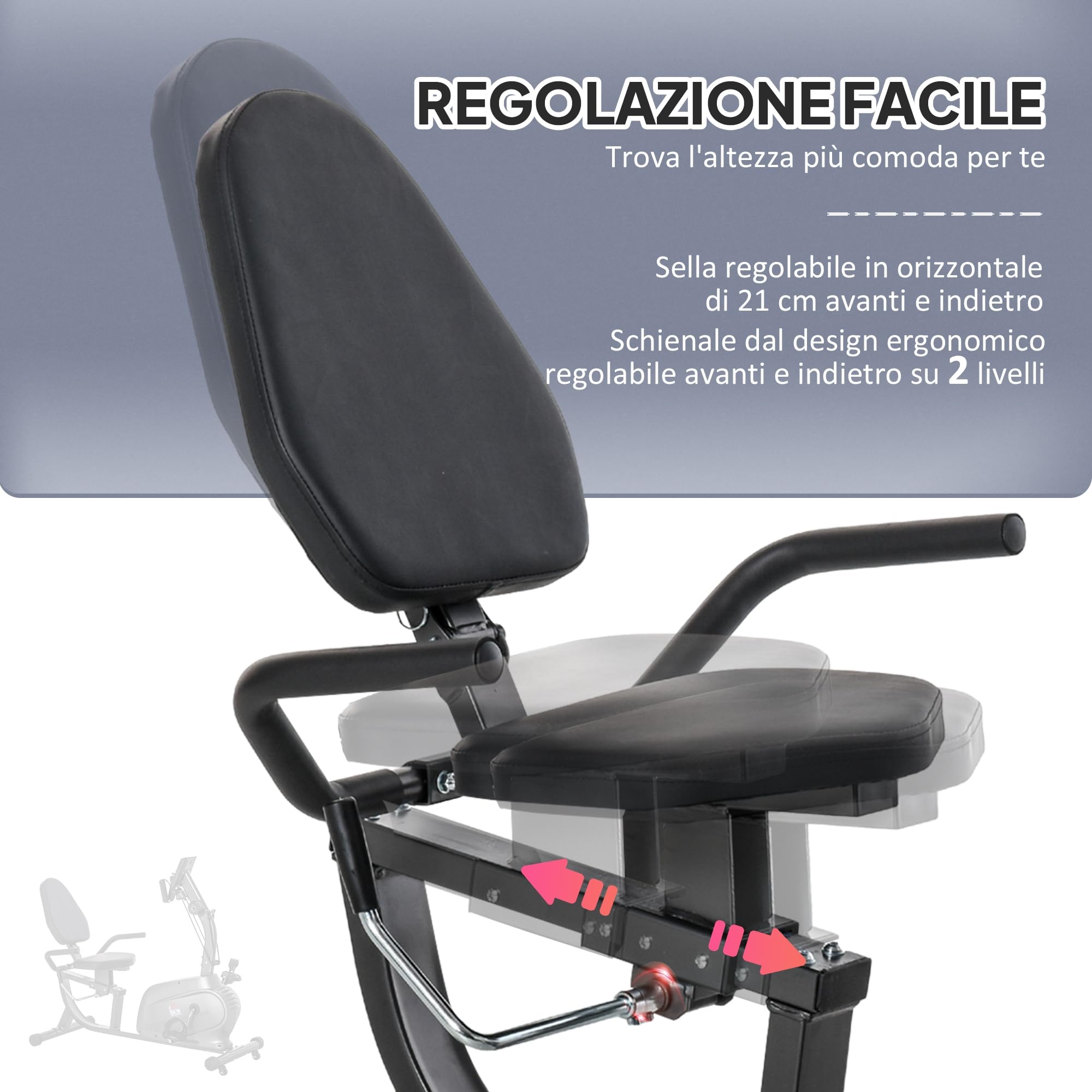 HOMCOM Cyclette Orizzontale con 8 Livelli di Resistenza e Seduta Regolabile, Cyclette Magnetica Professionale con Corde Elastiche e Porta Cellulare, Display LCD, per Riabilitazione Casa Anziani
