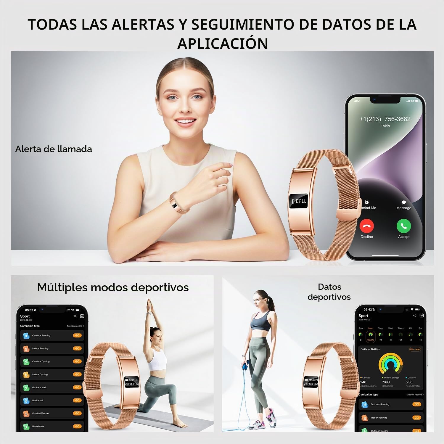 Pulsera Actividad Mujer Fitness Smartwatch: Reloj Inteligente Deportivo Delgado Monitor 24/7 y Sueño Ritmo Cardiaco SpO2 HRV Salud Función 5ATM Impermeable 2 Correas Aviso de llamada para Android iOS