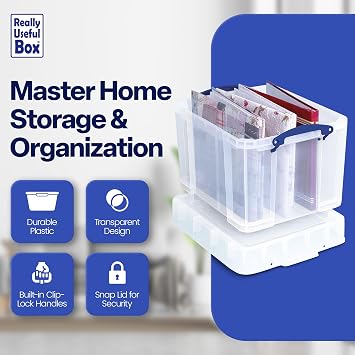 Really Useful Box 35 Liter Storage Container with XL Snap Lid, Clear