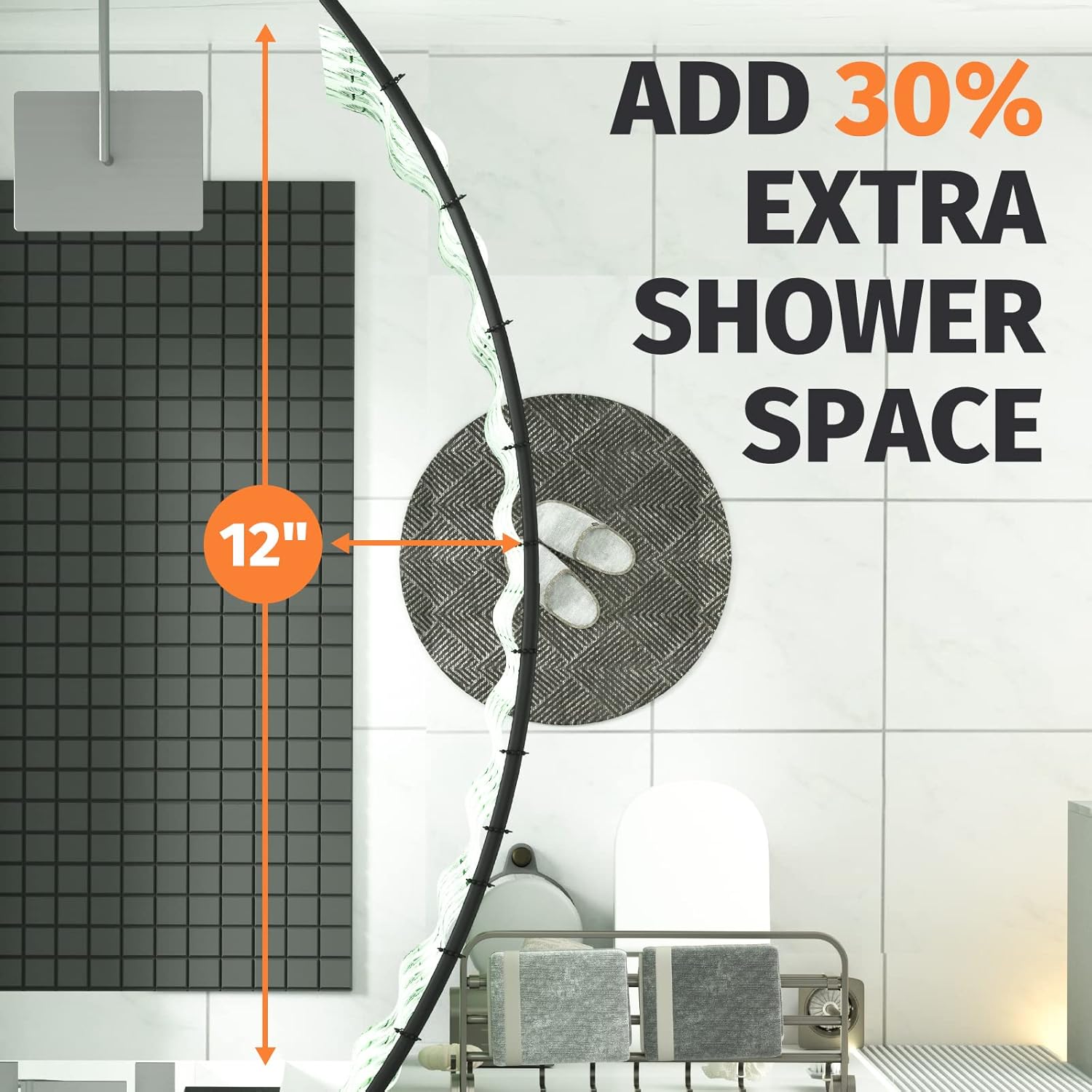 Curved Shower Curtain Rod, 42-72 Inches Adjustable Stainless Steel Arched Shower Curtain Rods Rustproof Round Never Fall Telescoping Design for Bathroom, Bathtub, Need to Drill (Black)