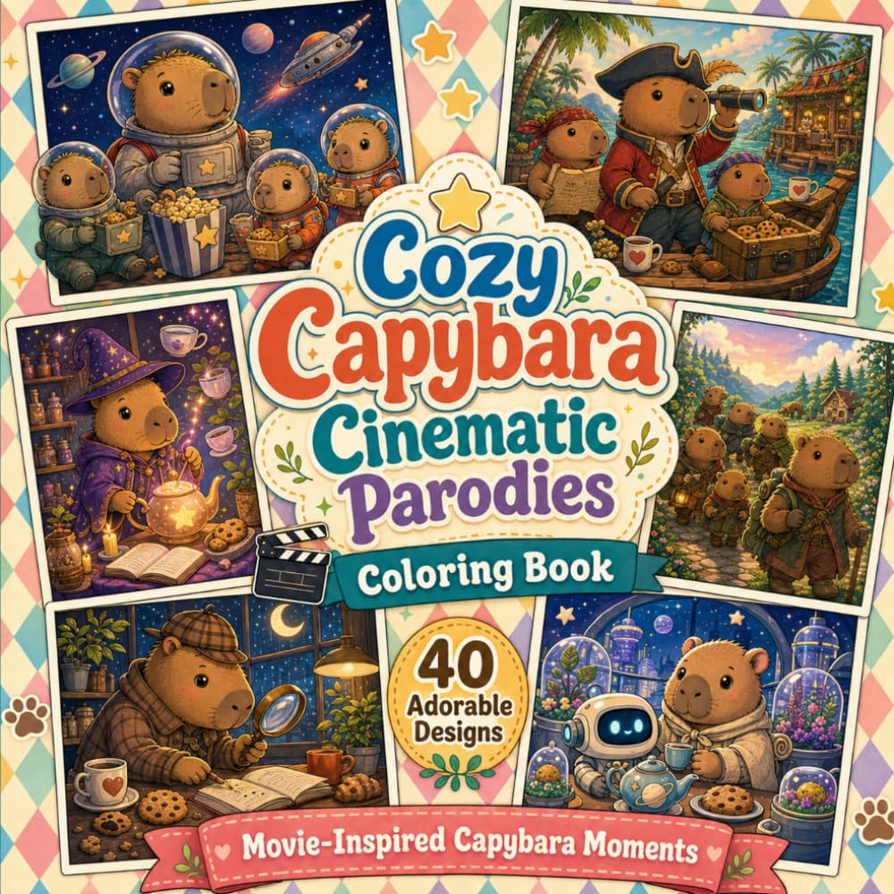 Cozy Capybara Cinematic Parodies Coloring Book: Funny Fantasy, Space, Pirate, Magic, Mystery & Adventure Scenes Reimagined with Cute Capybaras