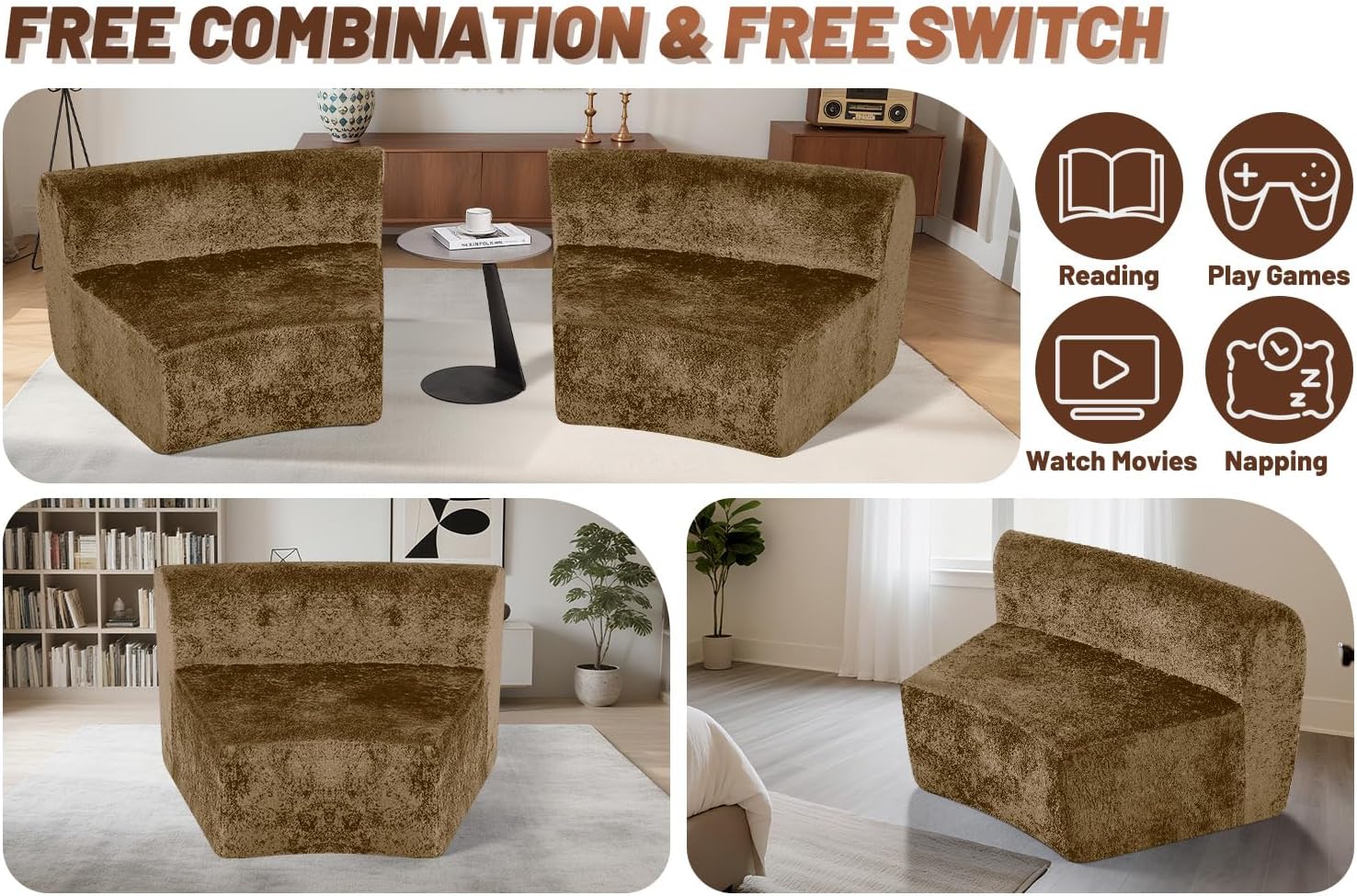 HABUTWAY Modular Sectional Sofa Memory Foam Filled Single Sofa Chair with Deep Seat, Modern Sofa Couches for Living Room Apartment Office, No Assembly Required, Brown 4